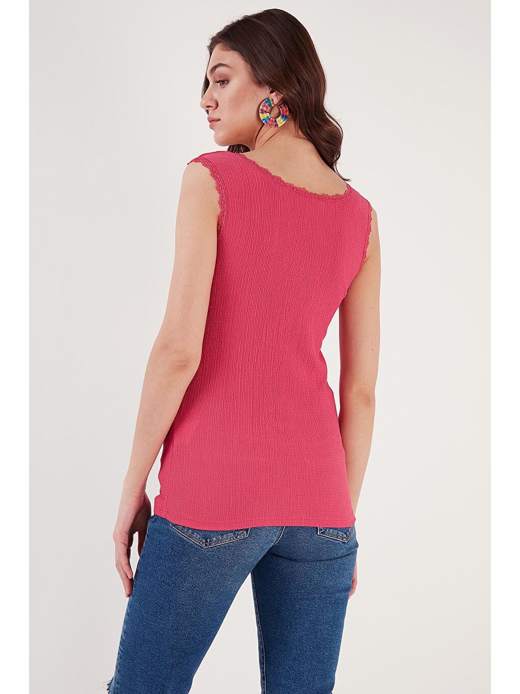 Lela Fuşya Slim Fit Kalın Askılı Dantelli Kare Yaka Bürümcük Kadın Atlet 5864979 - 4