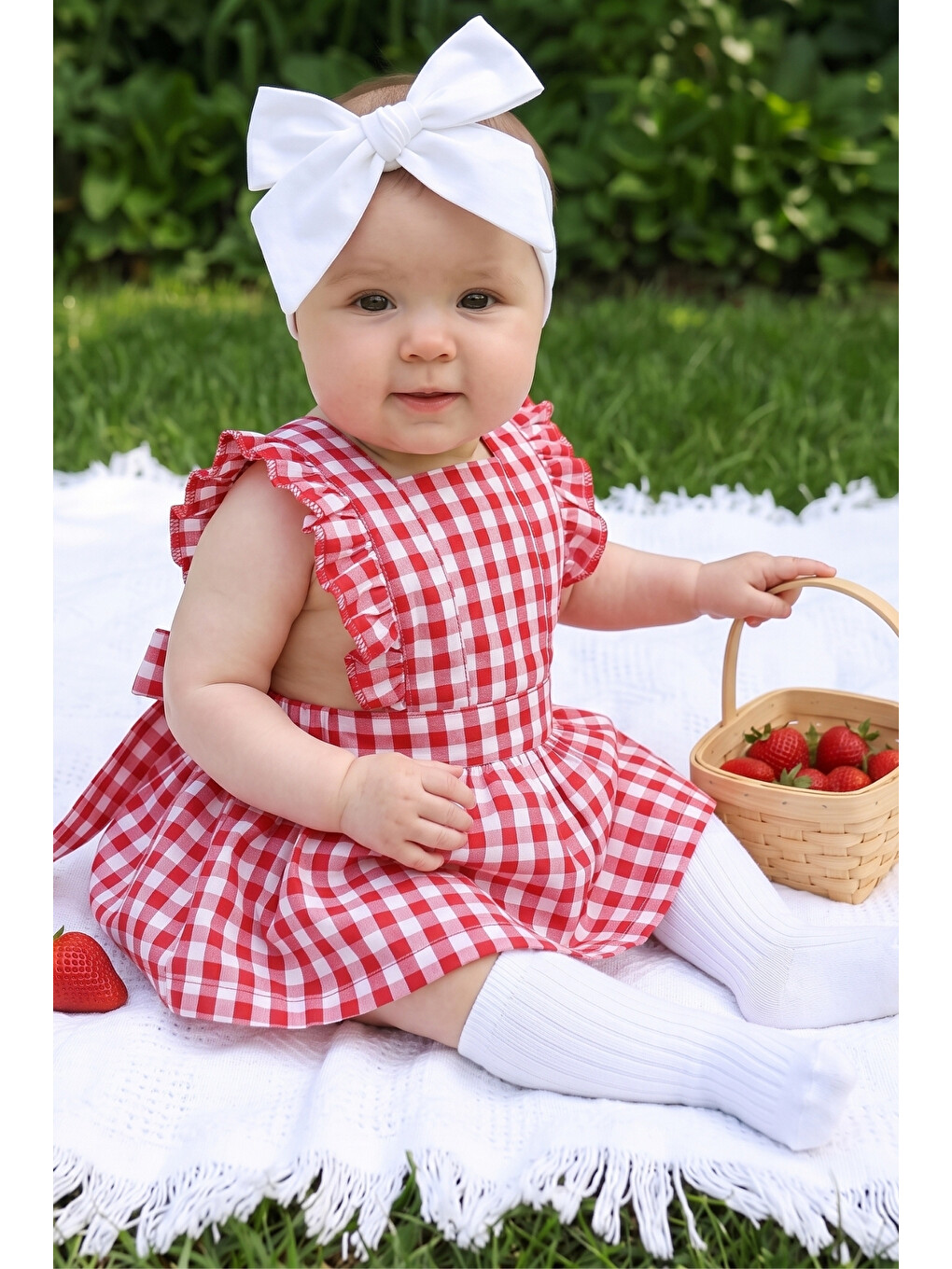 Kız Bebek Violetta Kırmızı Pötikareli Fırfırlı Bağlama Detaylı Elbise Bandana Takım