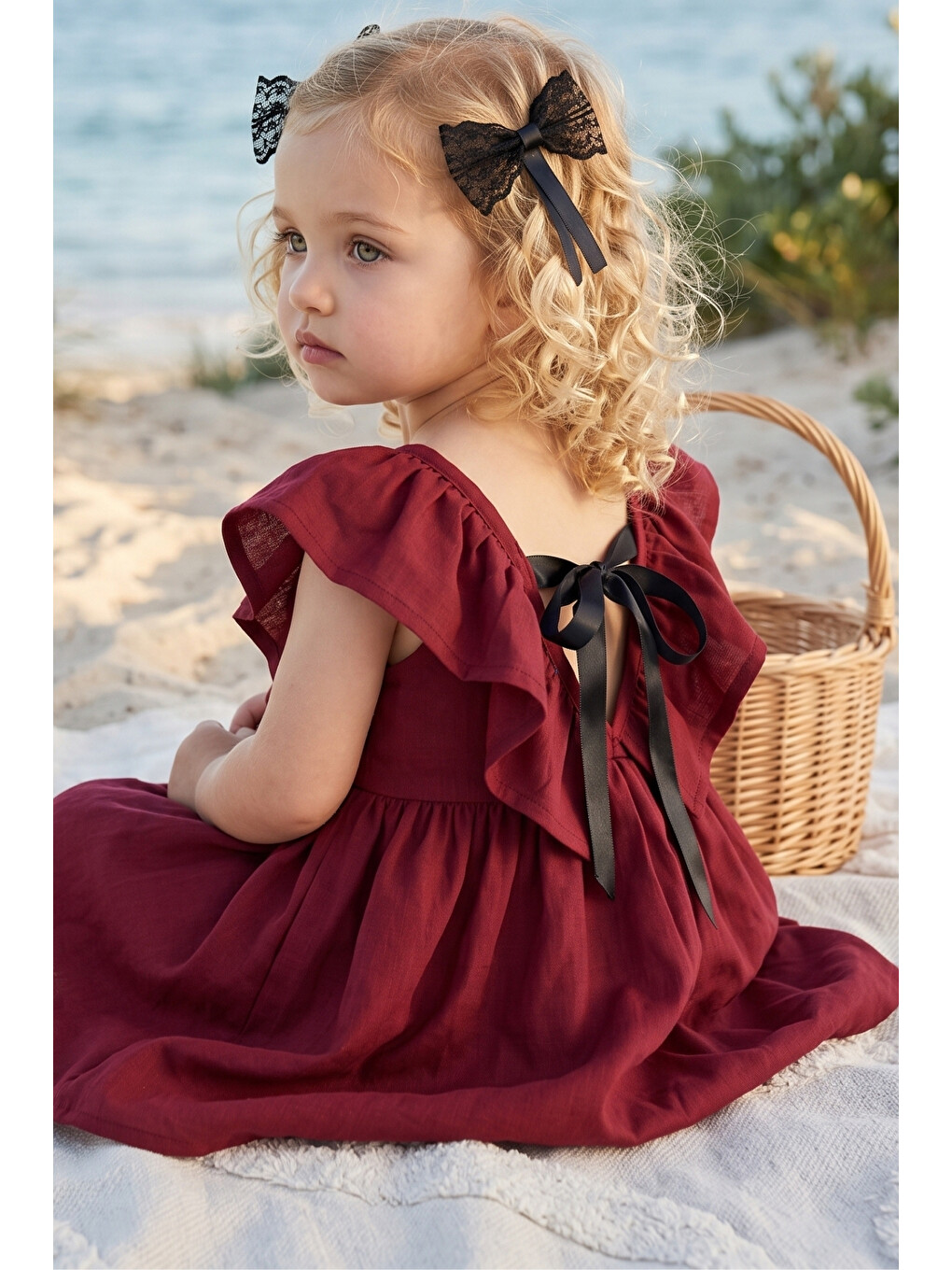 Kız Bebek Bordo Cherry Keten Fiyonklu Fırfırlı Elbise Toka Takım-1