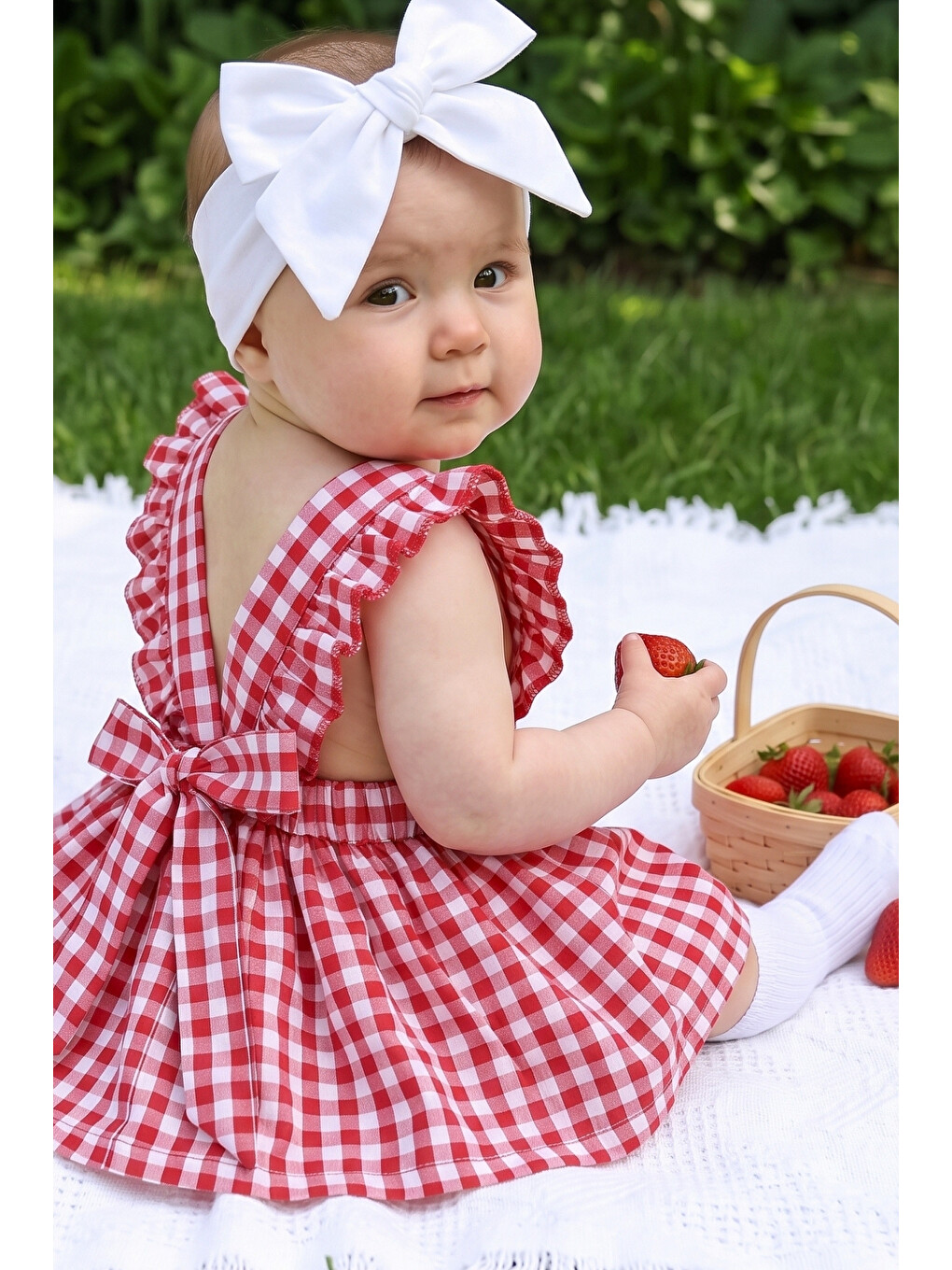 Kız Bebek Violetta Kırmızı Pötikareli Fırfırlı Bağlama Detaylı Elbise Bandana Takım-1