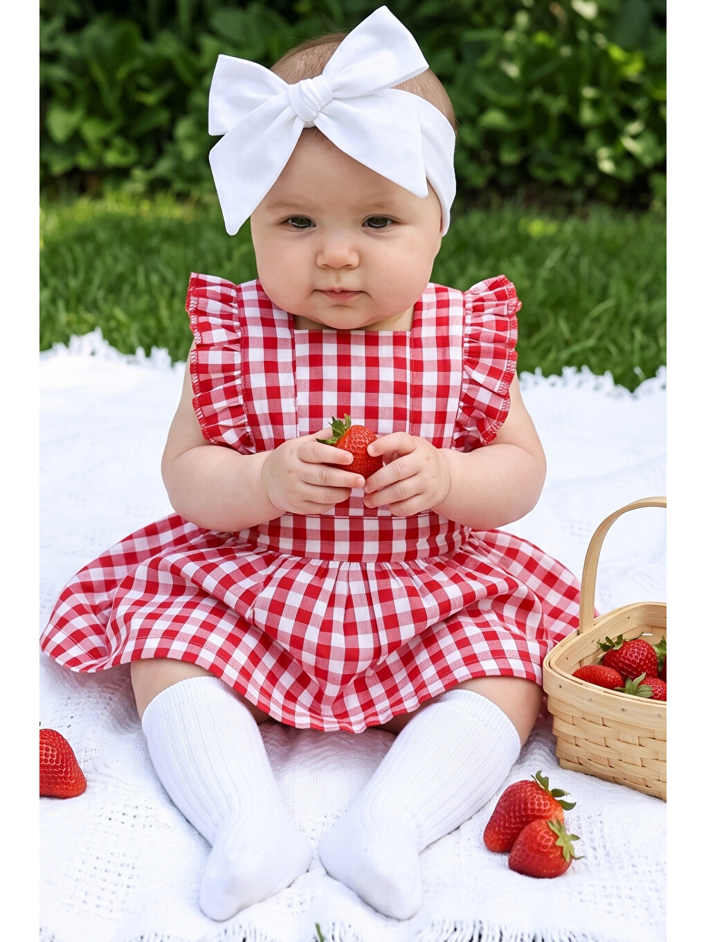Kız Bebek Violetta Kırmızı Pötikareli Fırfırlı Bağlama Detaylı Elbise Bandana Takım-2