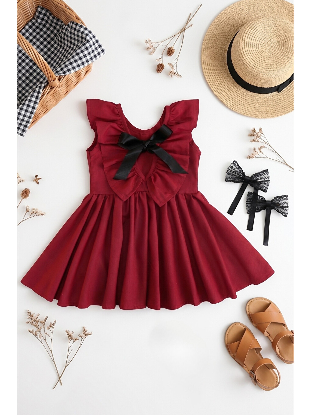 Kız Bebek Bordo Cherry Keten Fiyonklu Fırfırlı Elbise Toka Takım-3