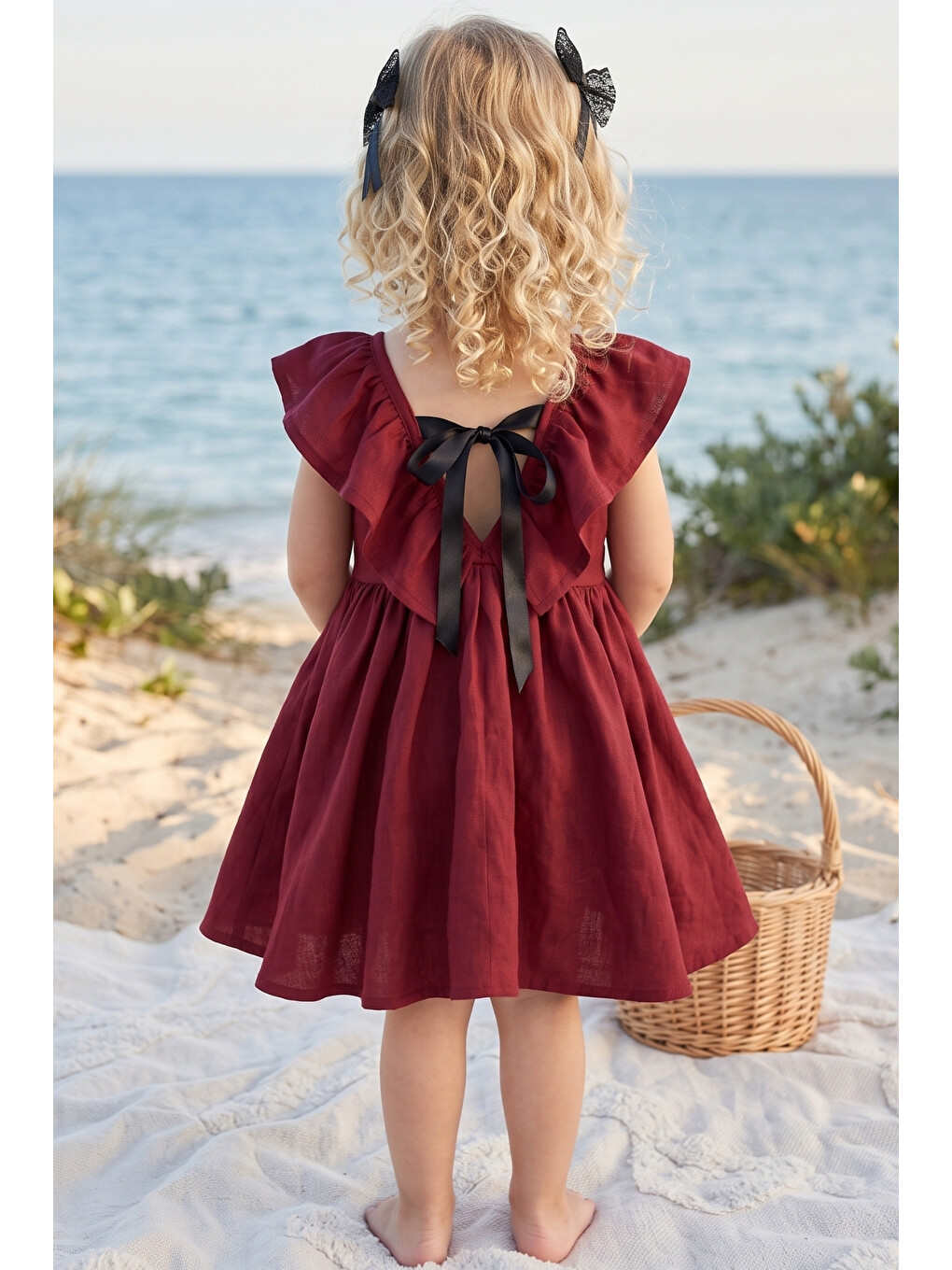 Kız Bebek Bordo Cherry Keten Fiyonklu Fırfırlı Elbise Toka Takım-5