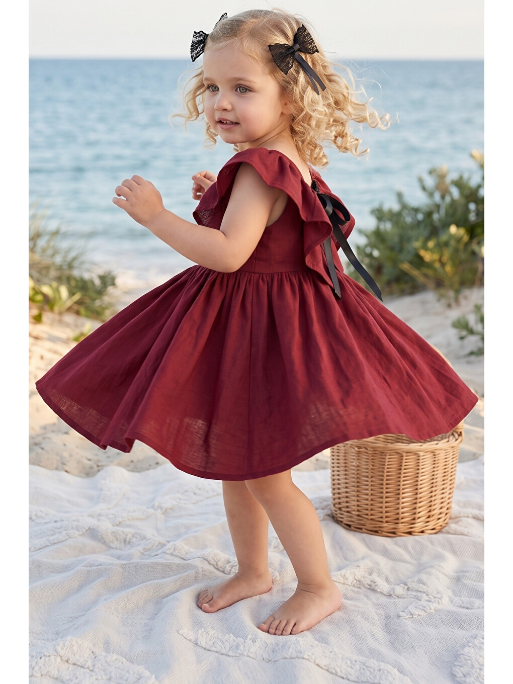 Kız Bebek Bordo Cherry Keten Fiyonklu Fırfırlı Elbise Toka Takım-6