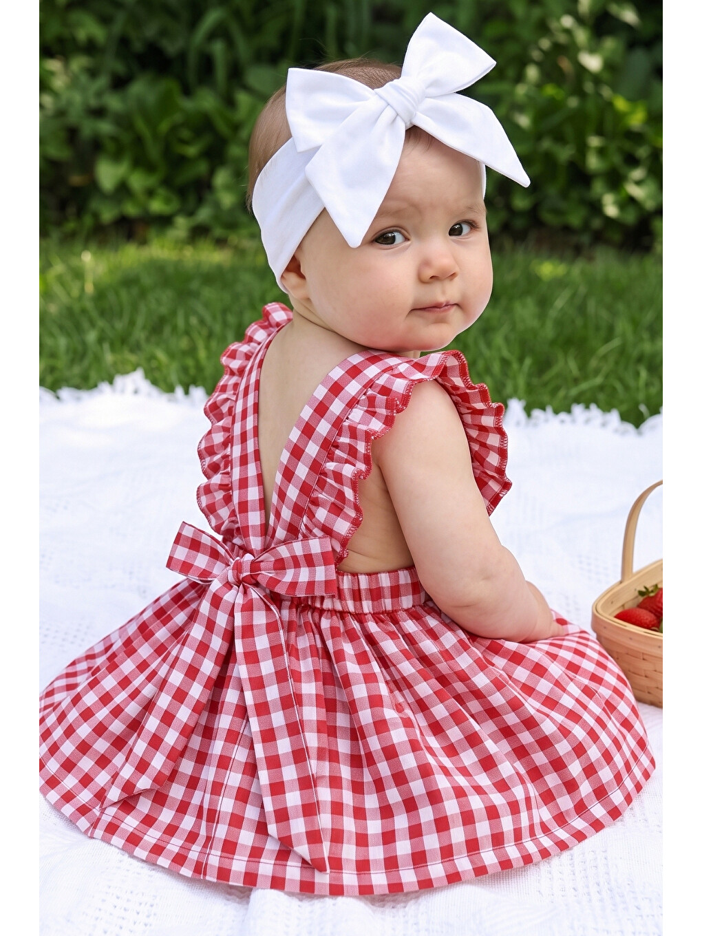 Kız Bebek Violetta Kırmızı Pötikareli Fırfırlı Bağlama Detaylı Elbise Bandana Takım-6