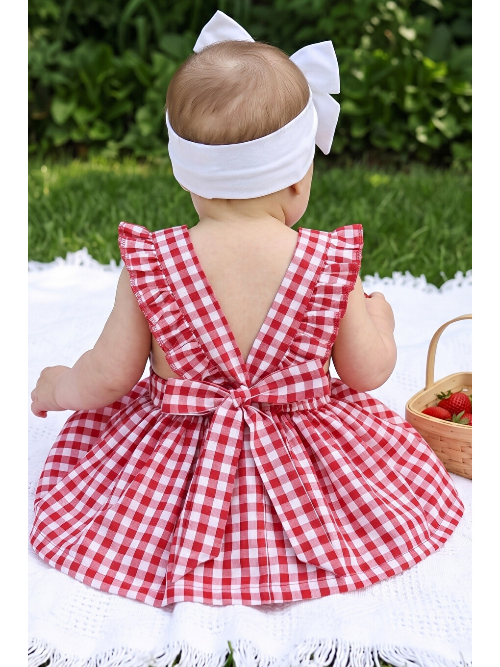 Kız Bebek Violetta Kırmızı Pötikareli Fırfırlı Bağlama Detaylı Elbise Bandana Takım-7
