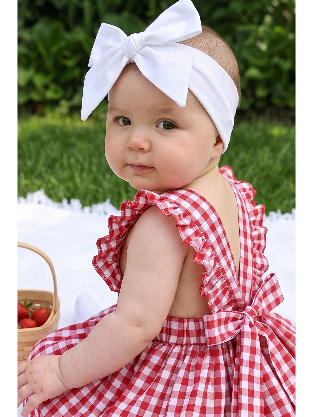 Kız Bebek Violetta Kırmızı Pötikareli Fırfırlı Bağlama Detaylı Elbise Bandana Takım-8