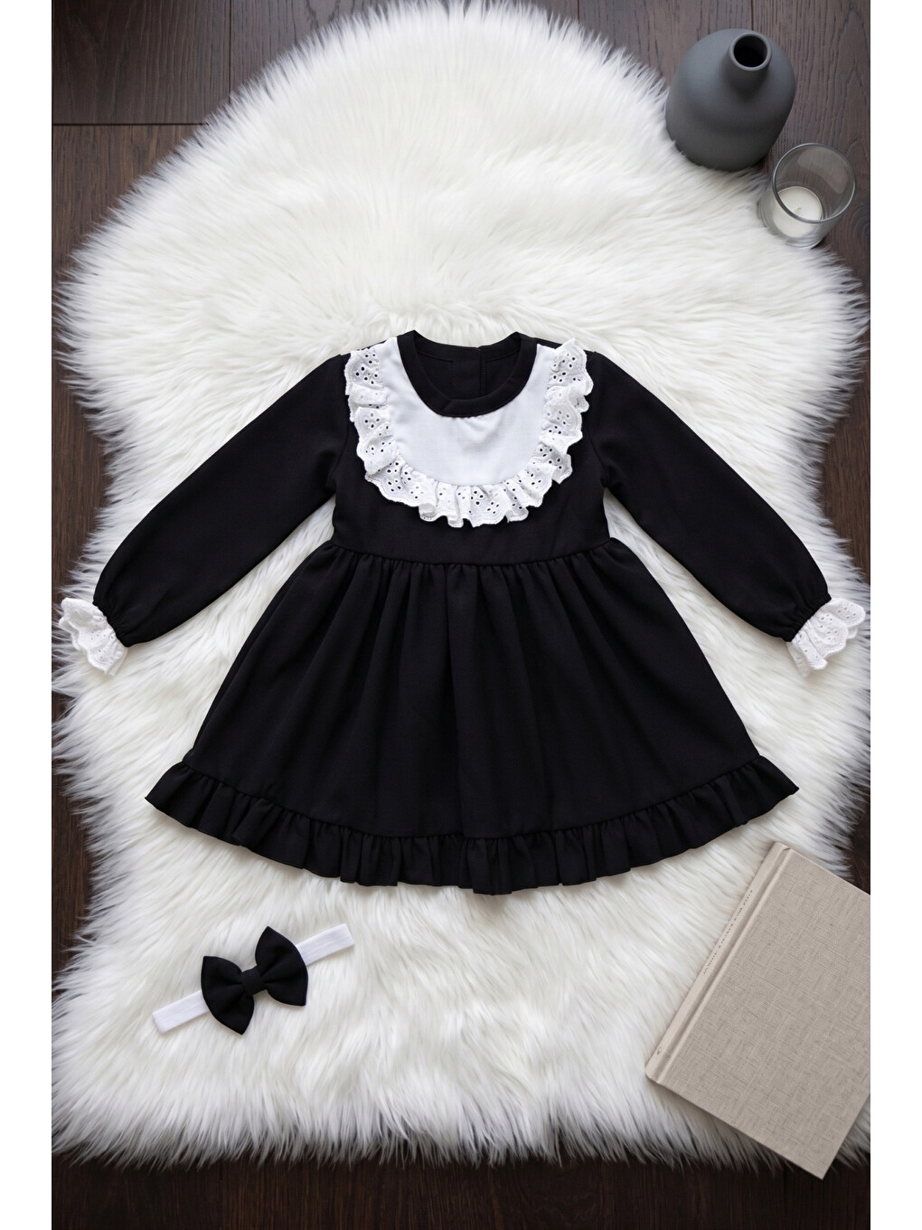 Beyaz Kız Bebek Ruby Siyah Uzun Kollu Dantel Detaylı Fırfırlı Elbise Bandana Takım-3