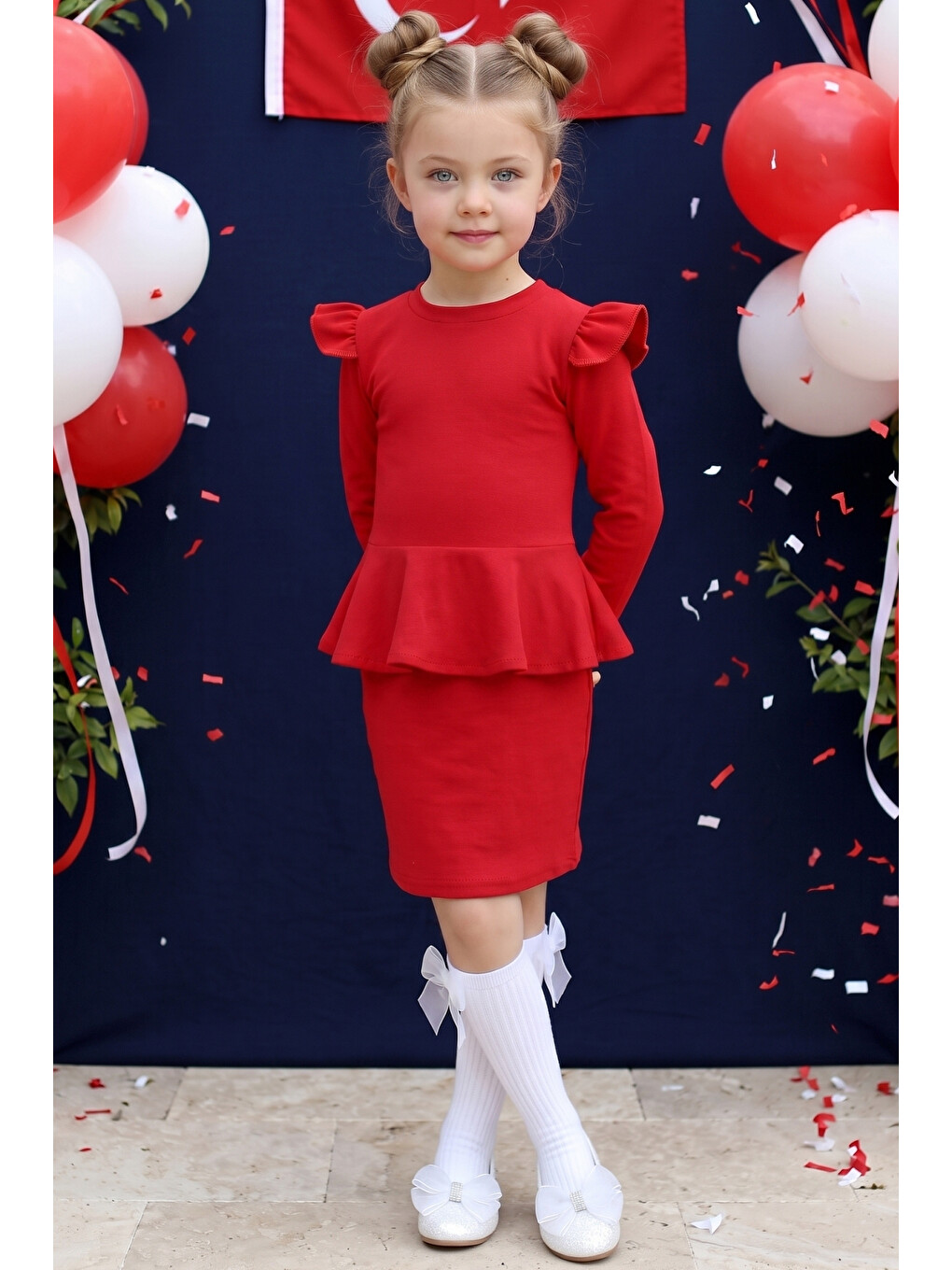 Kız Çocuk Diana Kırmızı Volan Etekli Fırfır Detaylı Uzun Kollu Elbise 23 Nisan Gösteri Kıyafeti-7