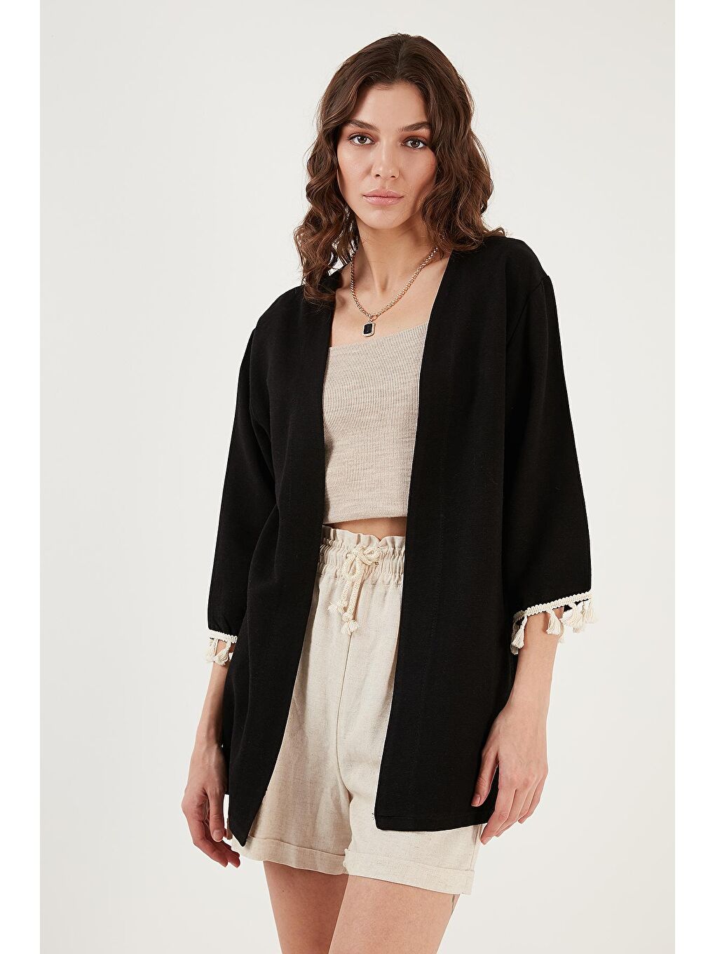 Siyah Pamuk ve Keten Karışımlı Püskül Detaylı Regular Fit Uzun Kimono Hırka 5865036-3