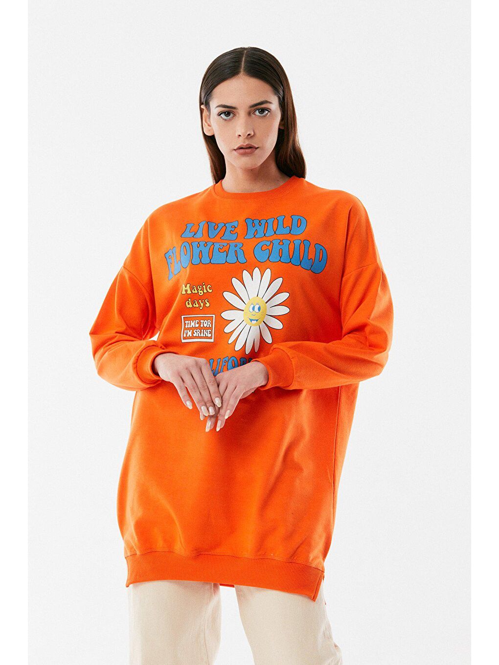 Fullamoda Turuncu Baskılı Bisiklet Yaka Uzun Sweatshirt