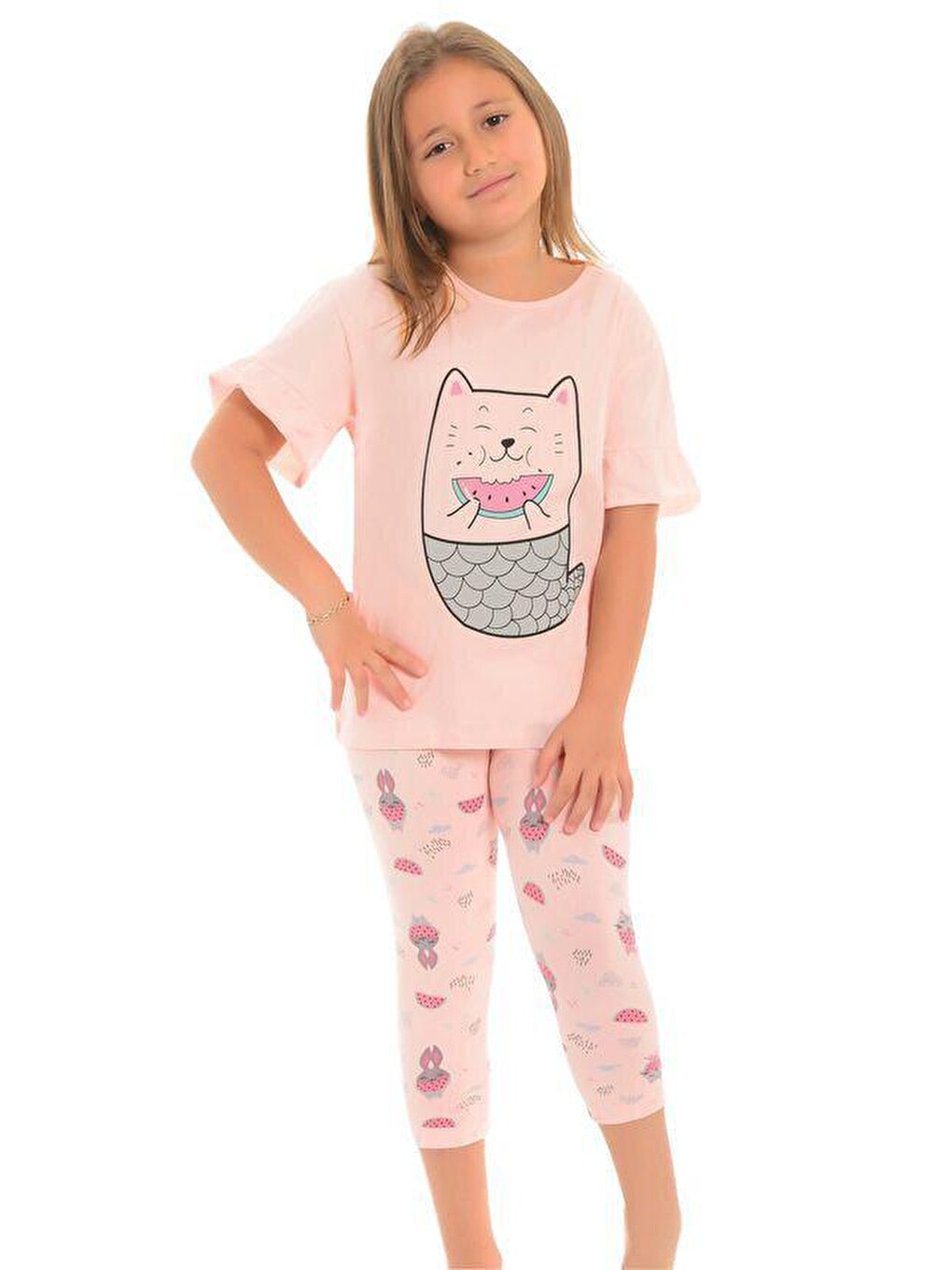 Pembe Pamuklu Kısa Kollu Desenli Taytlı Kız Çocuk Pijama Takım