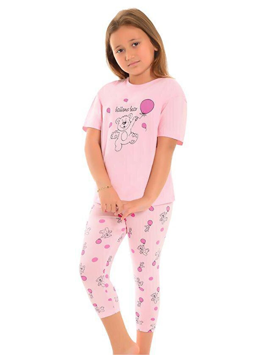 Pembe Pamuklu Kısa Kollu Desenli Taytlı Kız Çocuk Pijama Takım