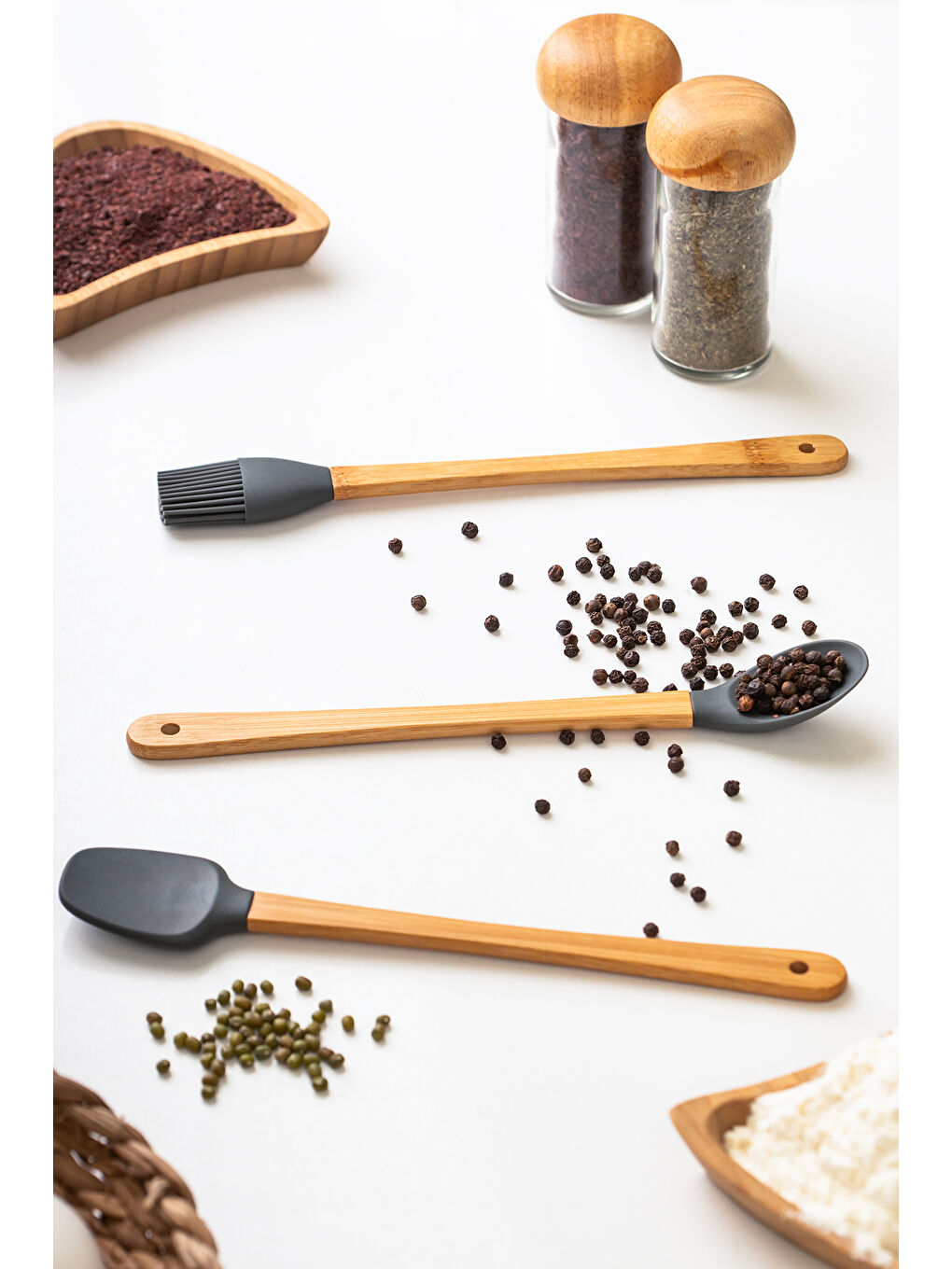Porsima Mıen 3 Parça Mini Silikon Kaşık Spatula Fırça - Yanmaz Yapışmaz Hazırlık Seti 23 cm-Gri