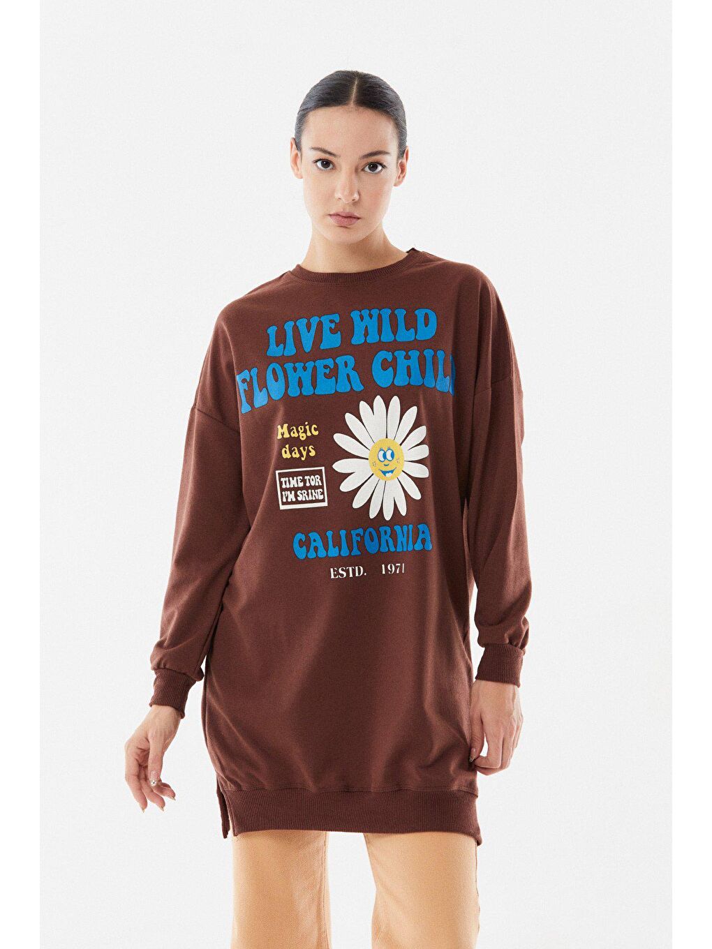 Kahverengi Baskılı Bisiklet Yaka Uzun Sweatshirt