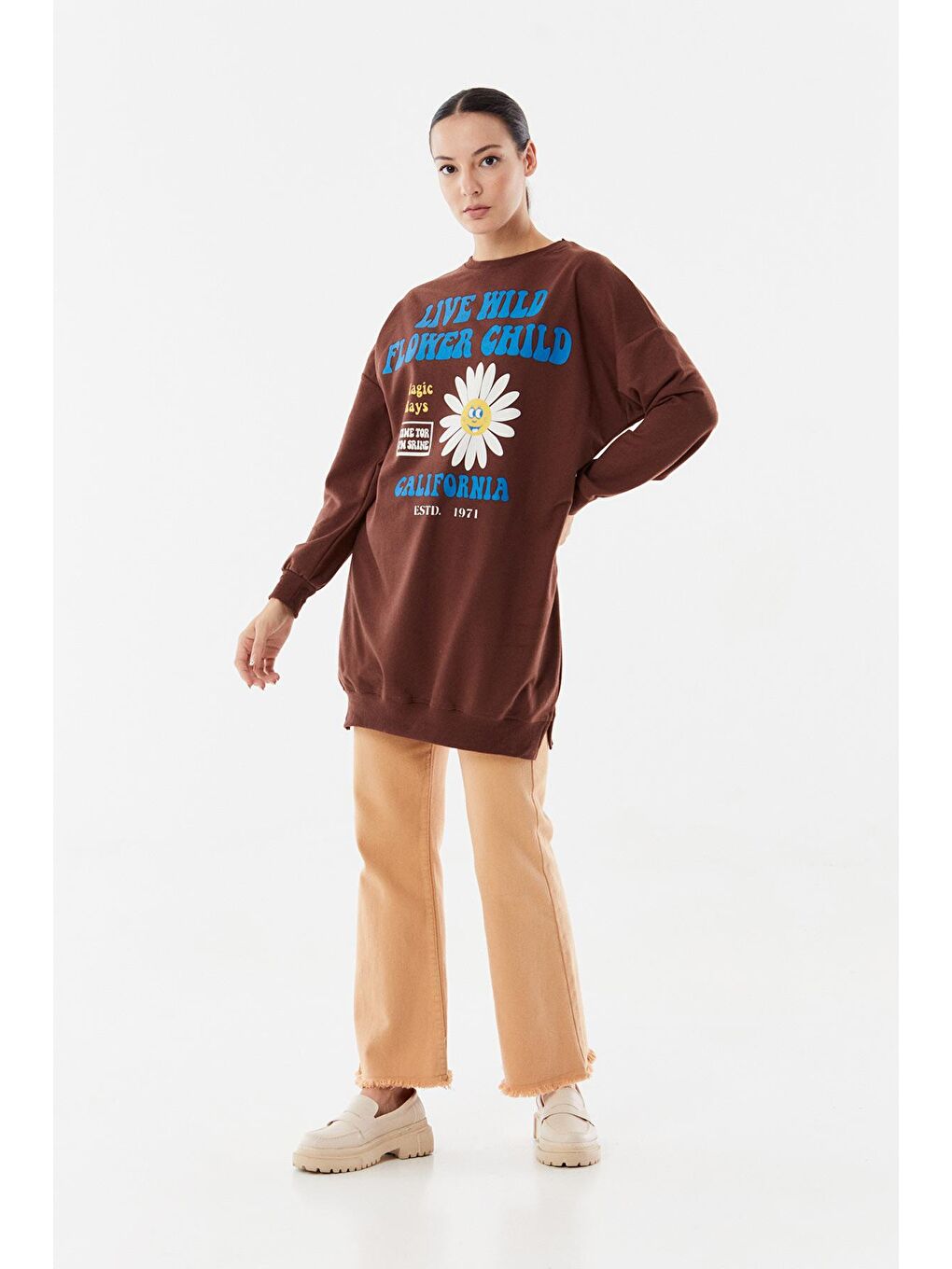 Kahverengi Baskılı Bisiklet Yaka Uzun Sweatshirt-1