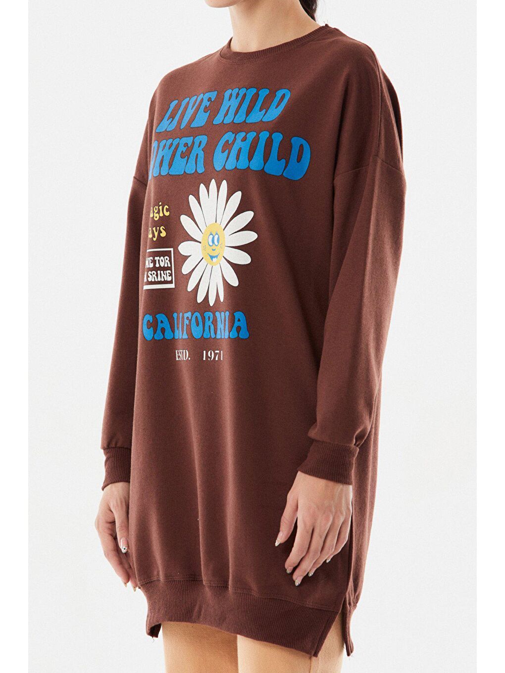 Kahverengi Baskılı Bisiklet Yaka Uzun Sweatshirt-3