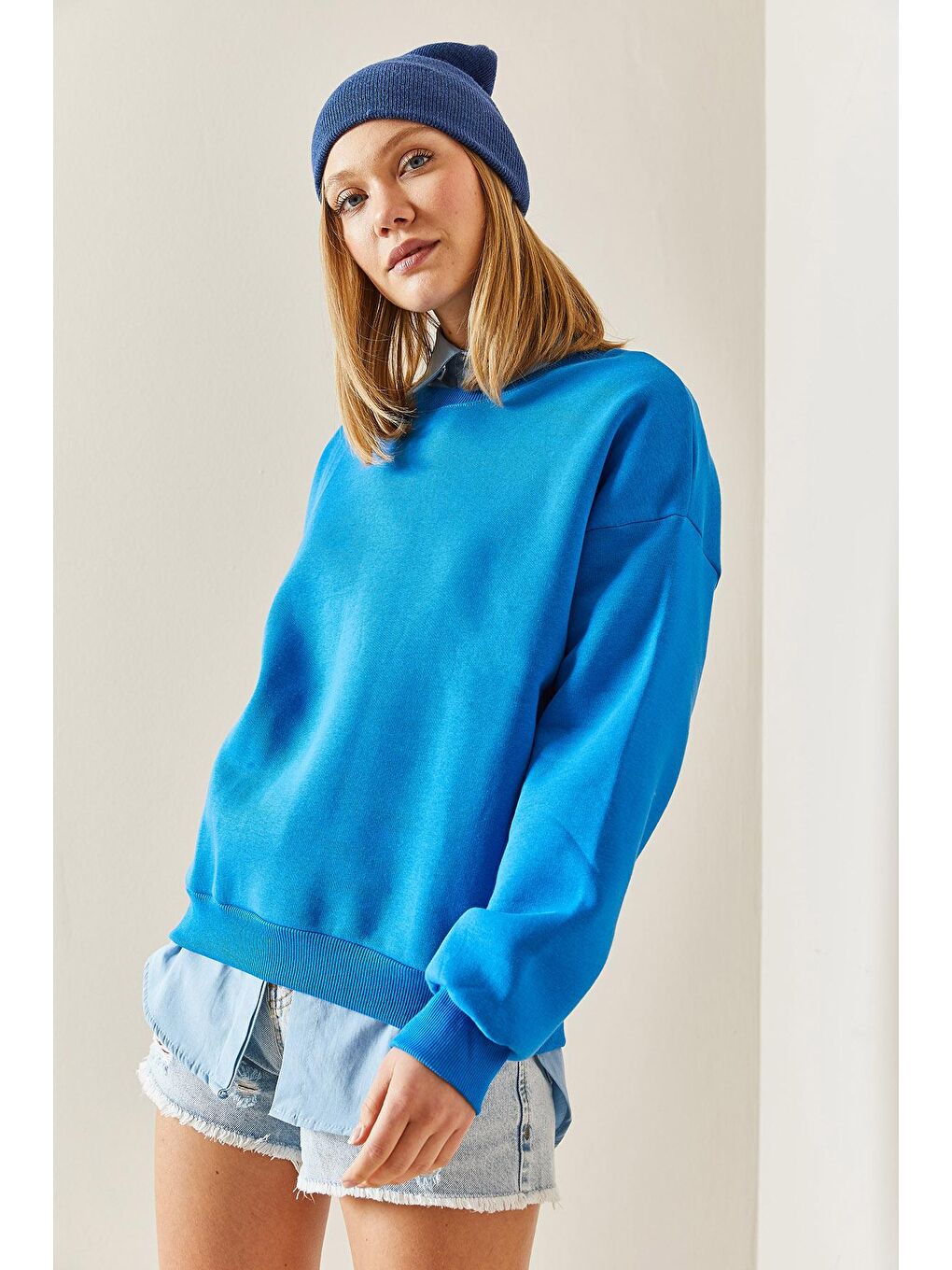Turkuaz Bisiklet Yaka Şardonlu Oversize Sweatshirt 4KXK8-47743-13-1
