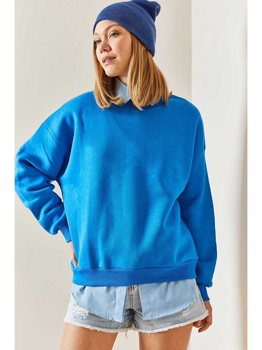 Turkuaz Bisiklet Yaka Şardonlu Oversize Sweatshirt 4KXK8-47743-13-2