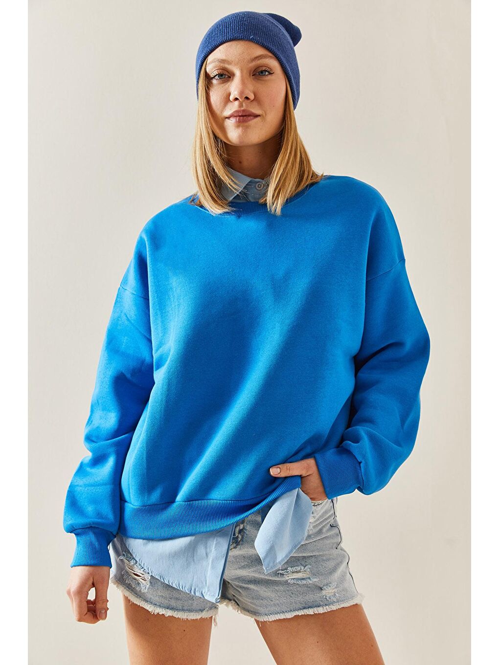 Turkuaz Bisiklet Yaka Şardonlu Oversize Sweatshirt 4KXK8-47743-13-3