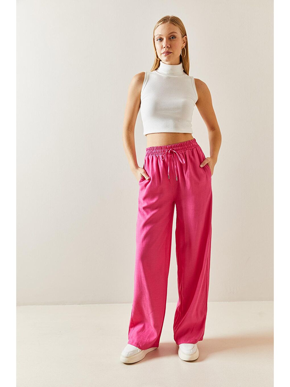 Fuşya Bol Paça Keten Pantolon 3YXK5-46995-07