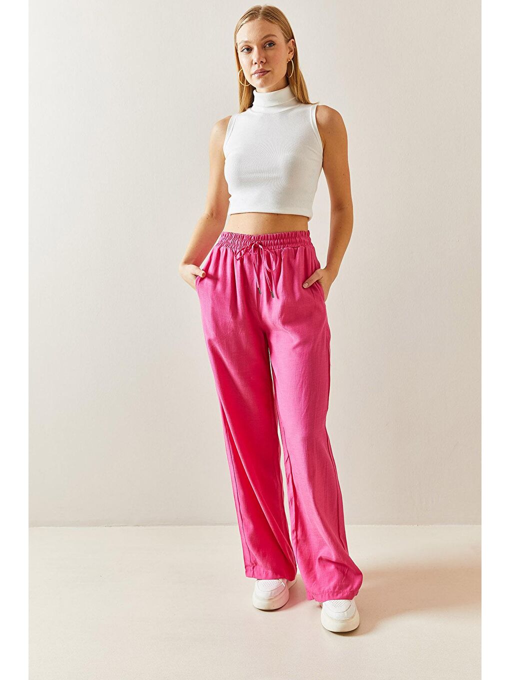 Fuşya Bol Paça Keten Pantolon 3YXK5-46995-07-1