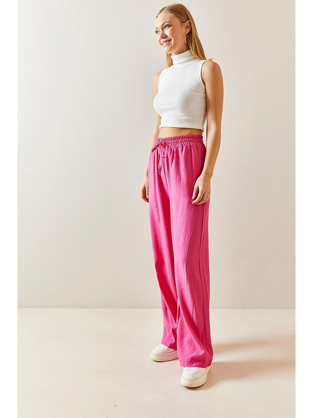 Fuşya Bol Paça Keten Pantolon 3YXK5-46995-07-2