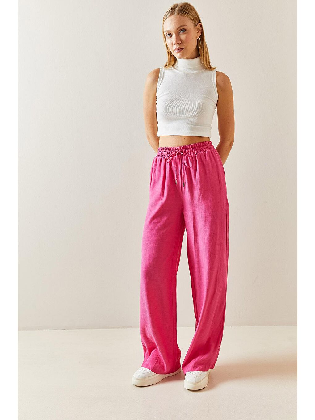 Fuşya Bol Paça Keten Pantolon 3YXK5-46995-07-3