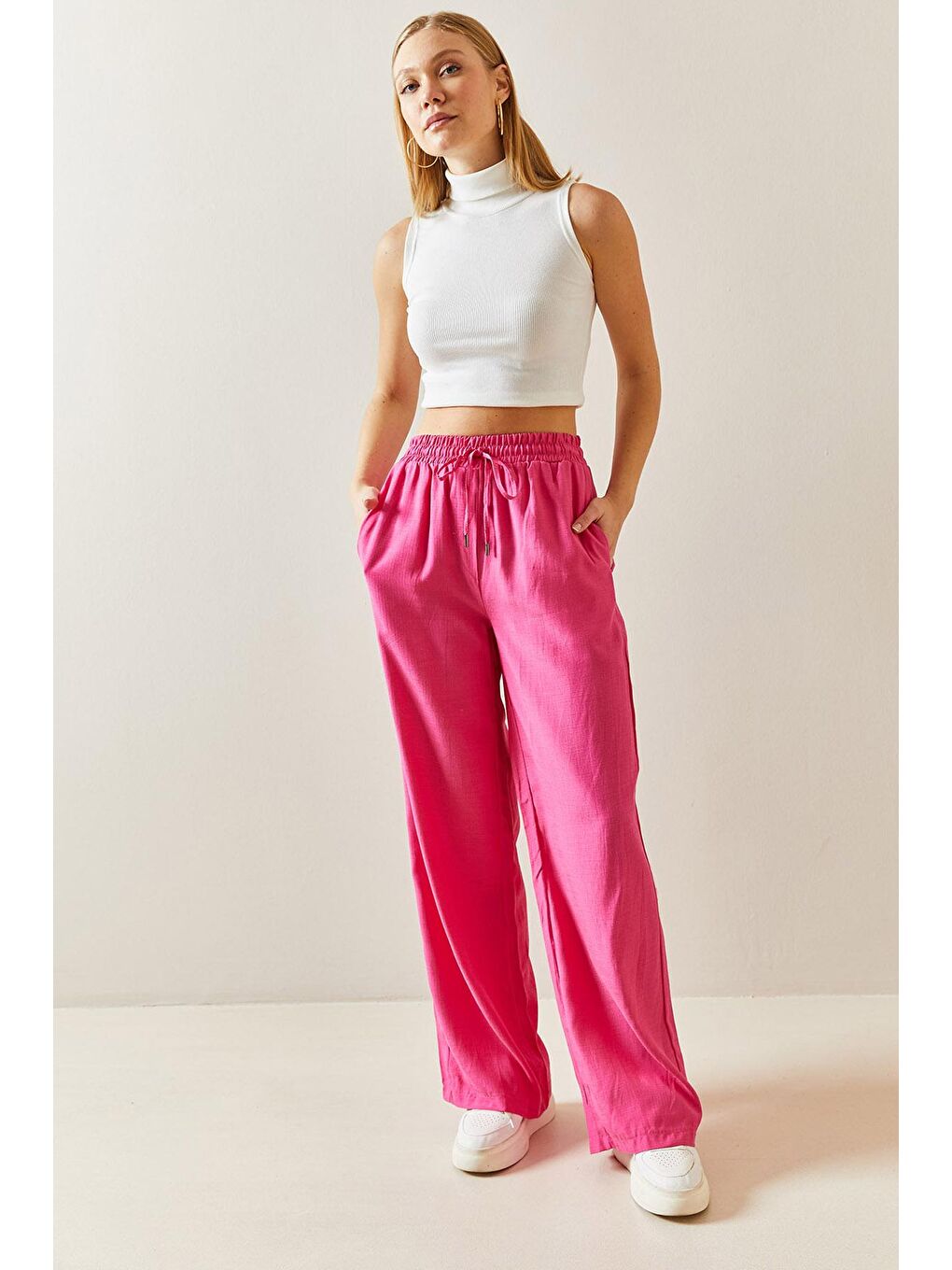 Fuşya Bol Paça Keten Pantolon 3YXK5-46995-07-4