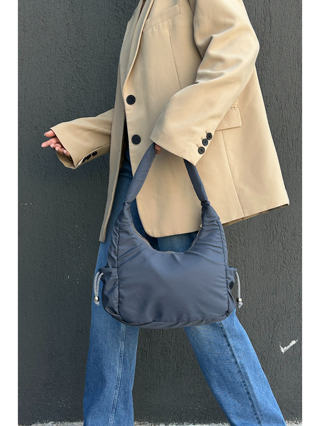 Antrasit Su İtici Özellikli Kumaş Kadın Omuz Çantası ASB001-2