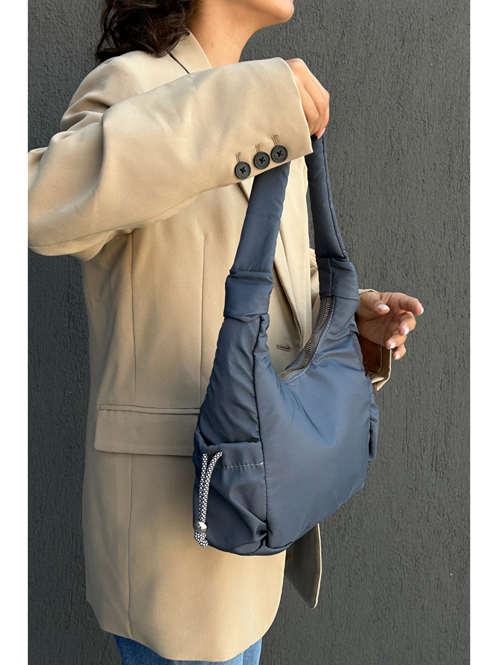 Antrasit Su İtici Özellikli Kumaş Kadın Omuz Çantası ASB001-4