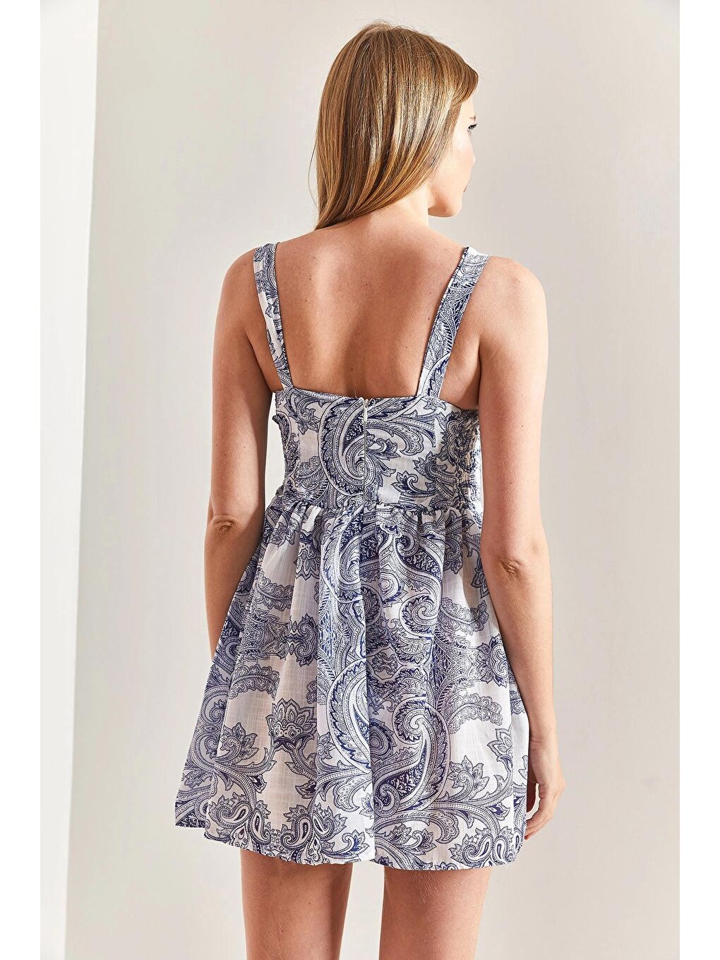 Mavi Kadın Askılı Çiçek Desenli Elbise-2