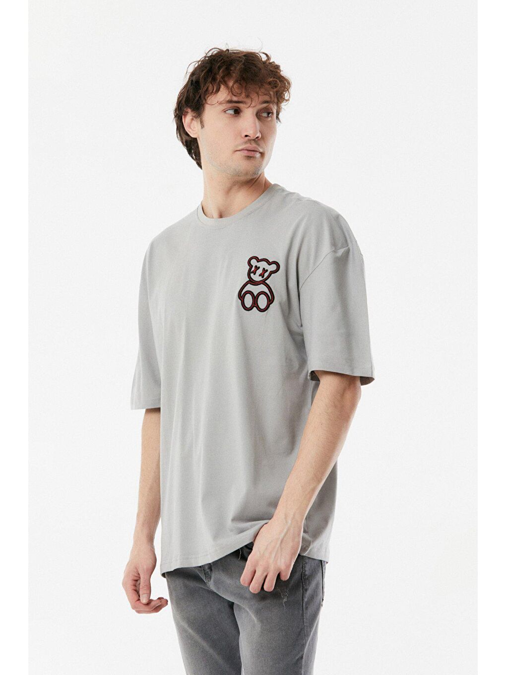 Gri Baskılı Bisiklet Yaka Oversize Tişört-1