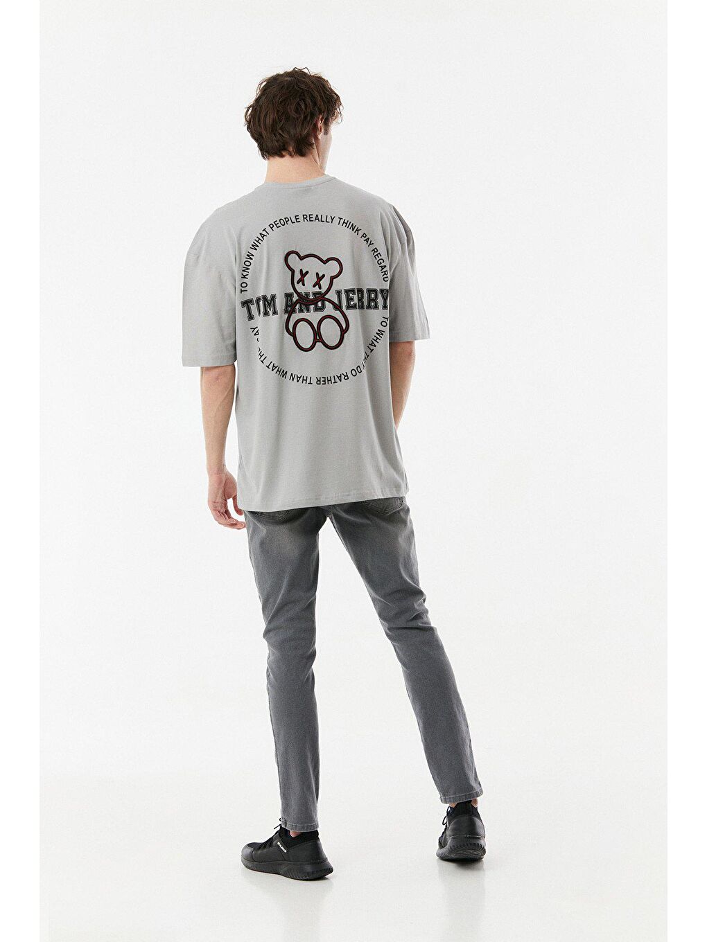 Gri Baskılı Bisiklet Yaka Oversize Tişört-2