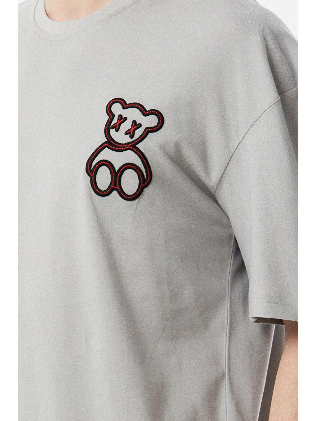 Gri Baskılı Bisiklet Yaka Oversize Tişört-3