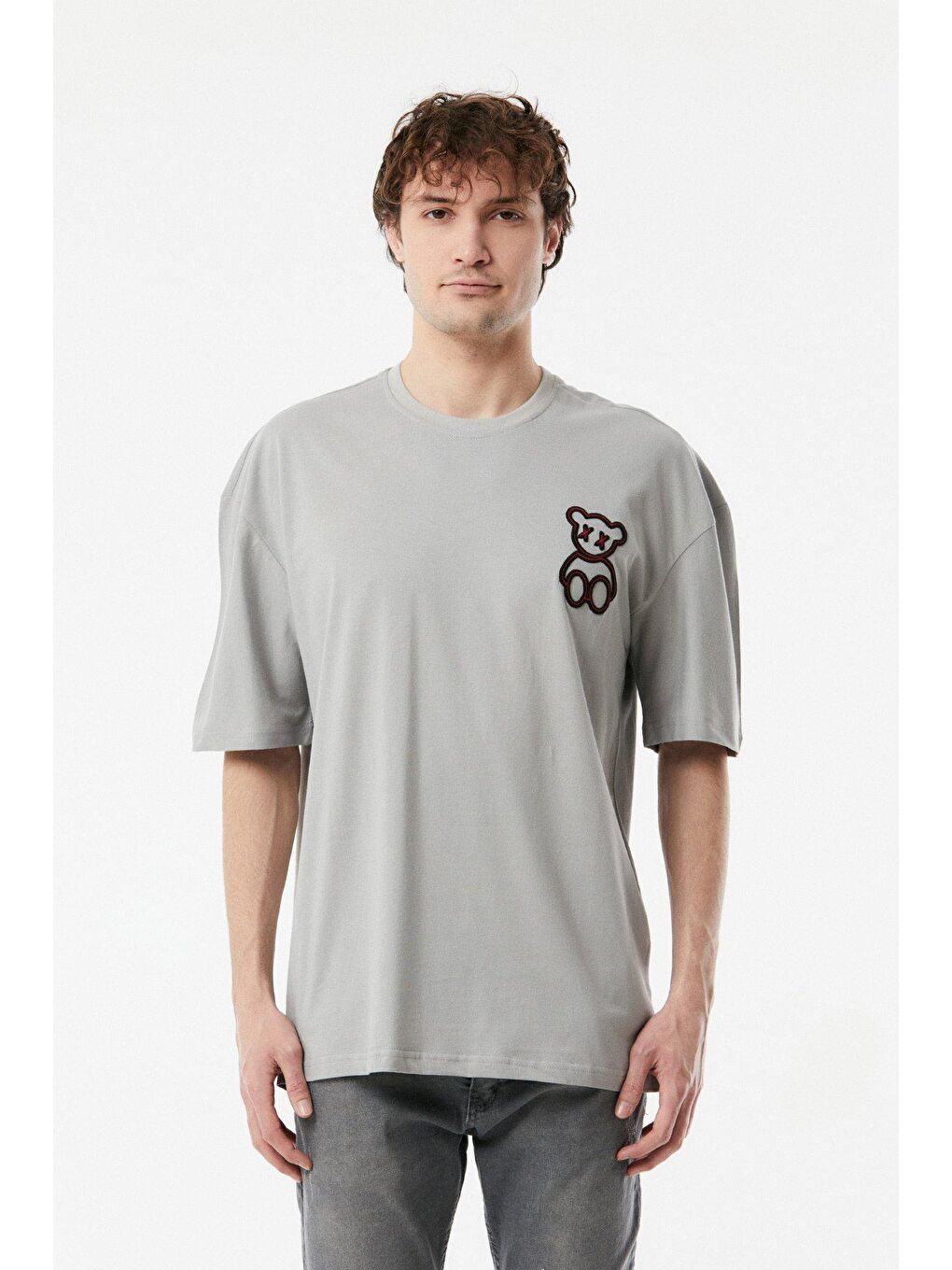 Gri Baskılı Bisiklet Yaka Oversize Tişört-4