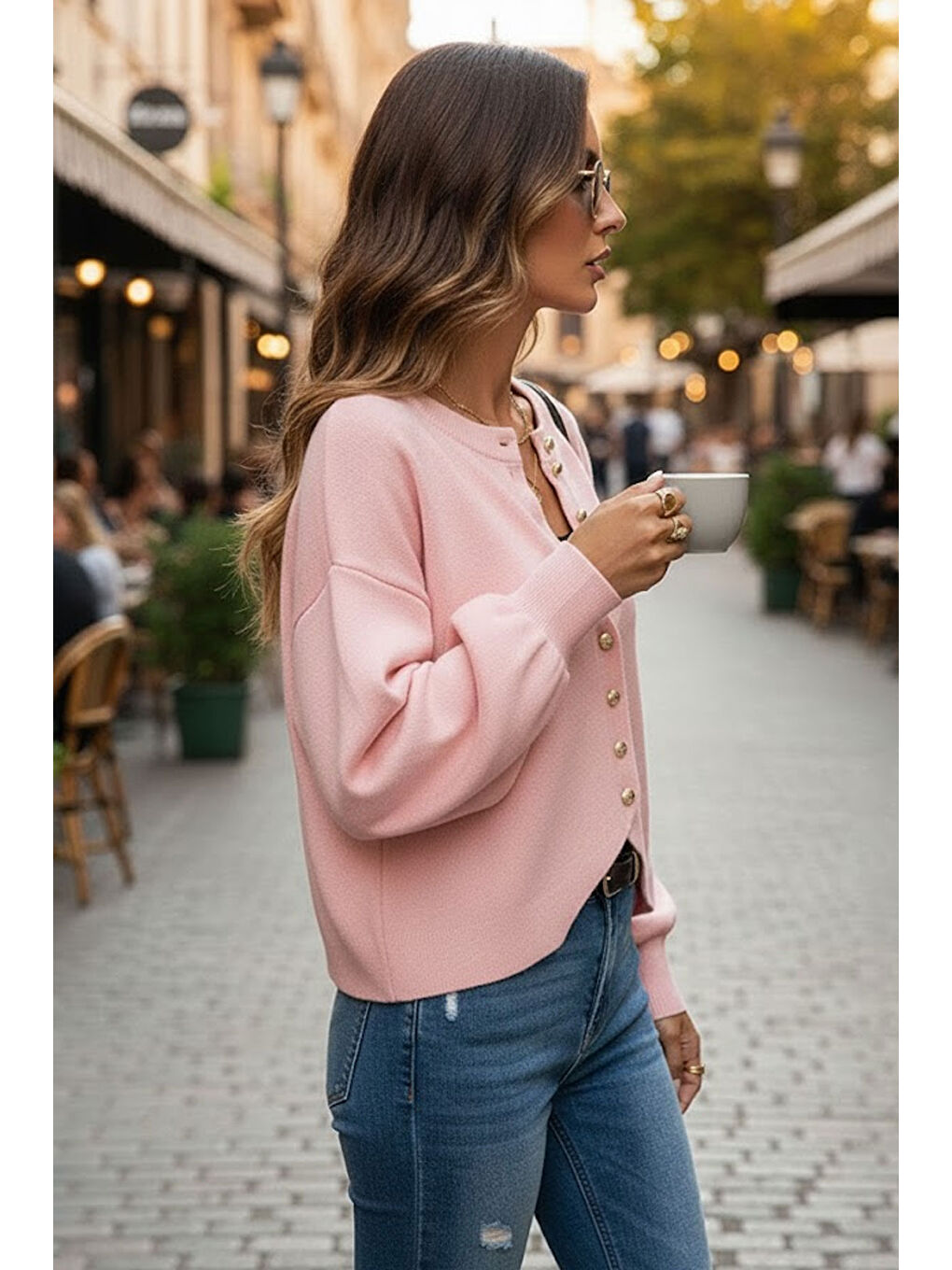 Pembe Yumuşak Dokulu Mücevher Düğmeli Ceket Görünümlü Triko Hırka-1