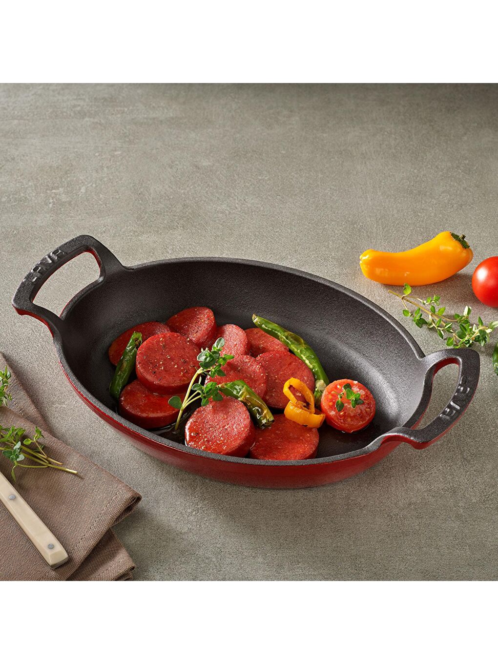 LAVA Kirmizi Oval Sahan Döküm Demir Yekpare Çift Kulplu Ölçü 23x17cm. - 3