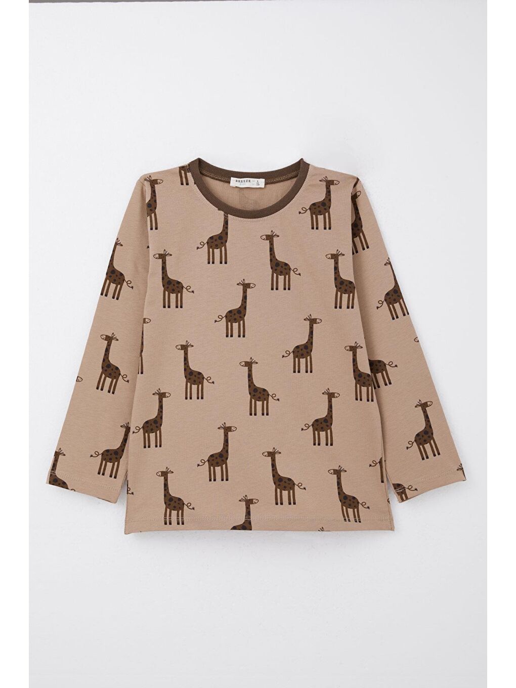 Bej Erkek Çocuk Pijama Takımı Sevimli Zürafa Desenli Vizon (4 Yaş)-5