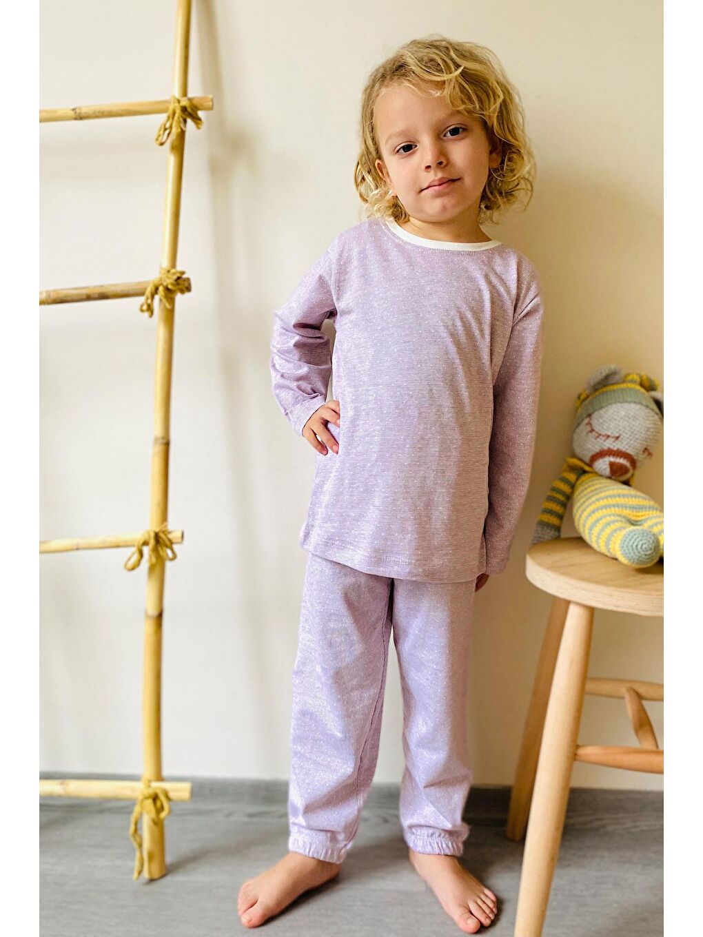 Erkek Çocuk Pijama Takımı Minik Puantiye Desenli Açık Lila (4 Yaş)