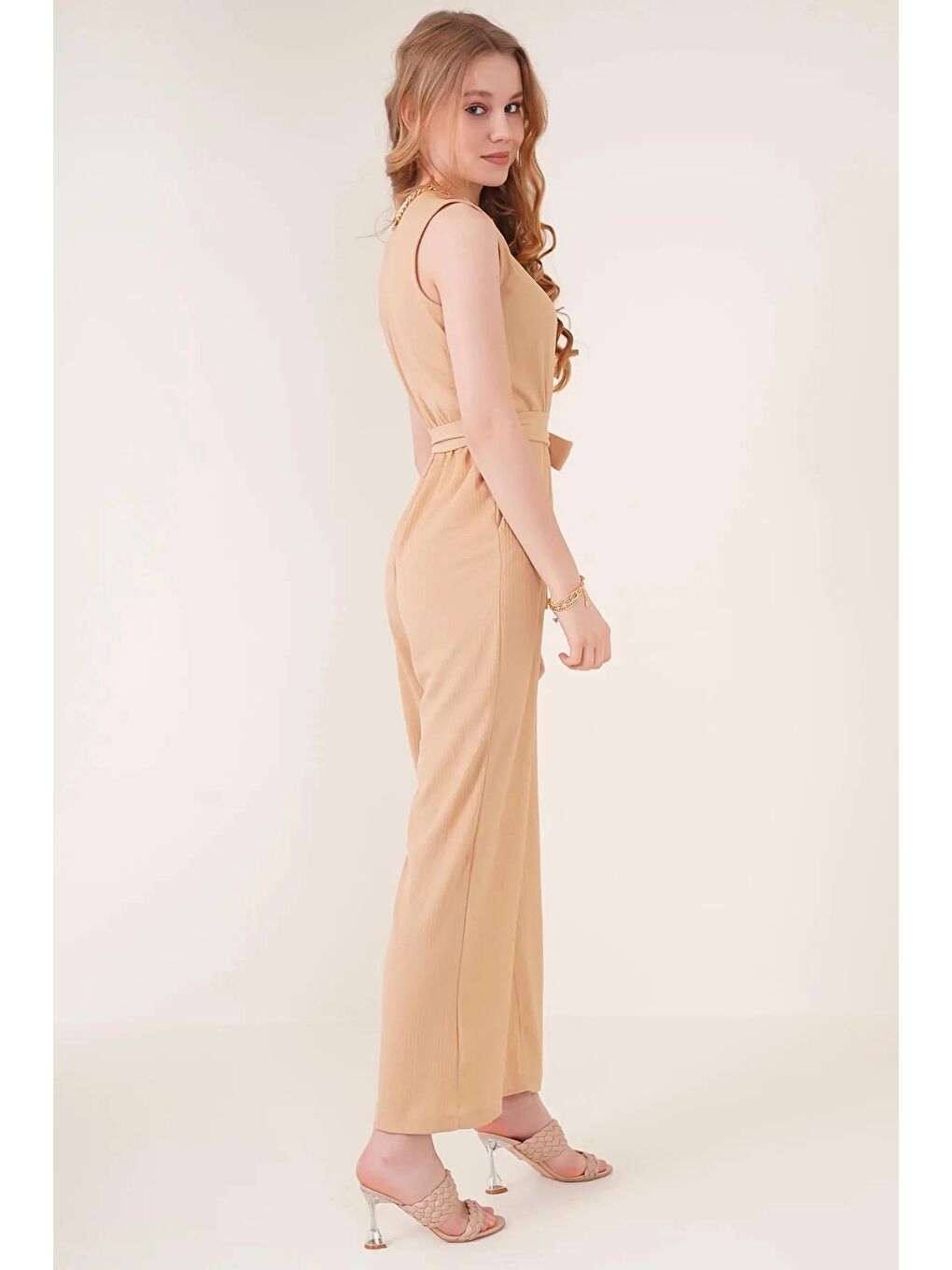 Ekru Kadın Krem Beli Lastikli Derin Kruvaze V Yaka Kemerli Örme Tulum HZL22S-BD170211-2