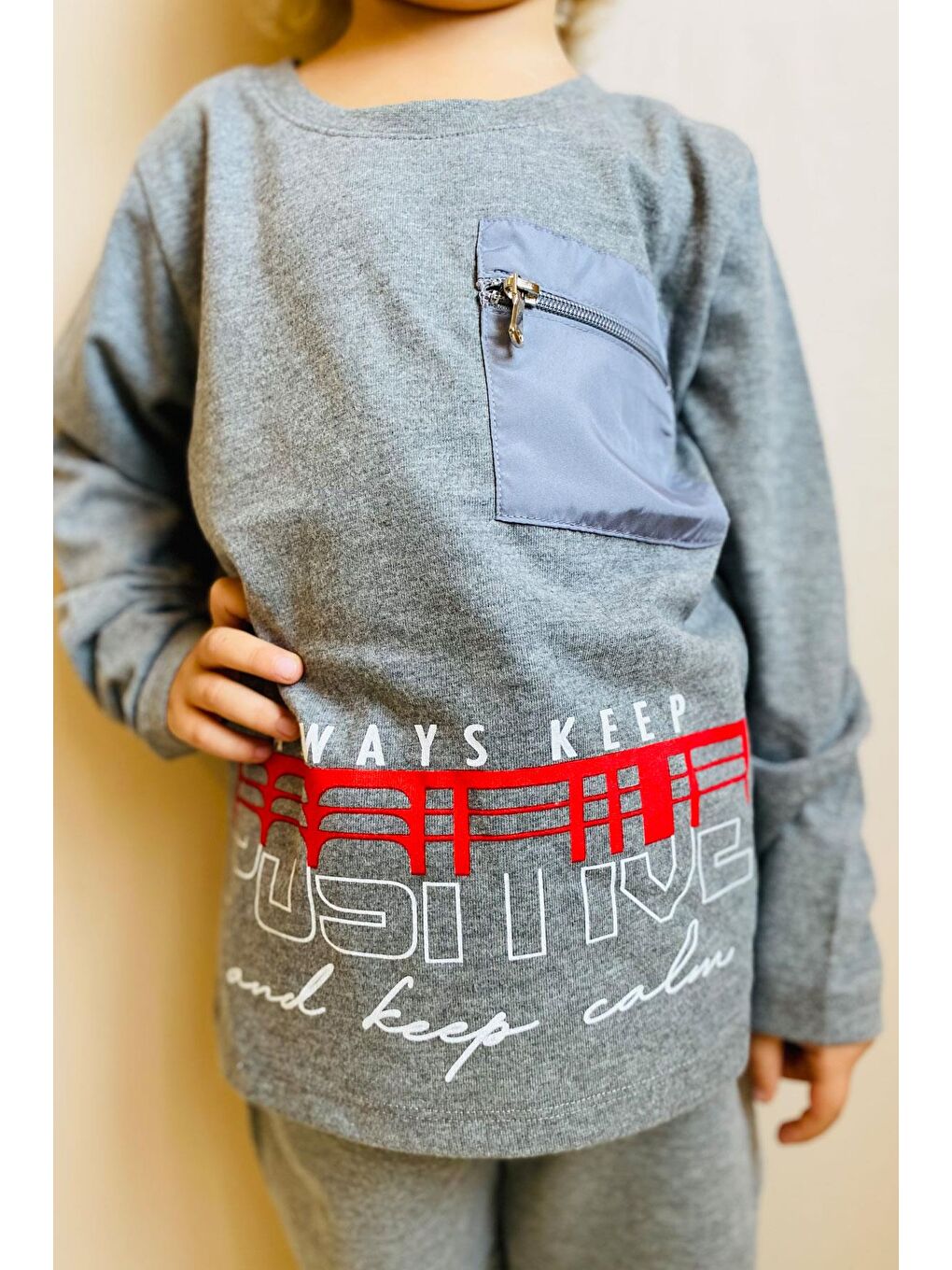 Erkek Çocuk Uzun Kollu Tişört Cepli Fermuarlı Koyu Gri Melanj (5-10 Yaş)-3