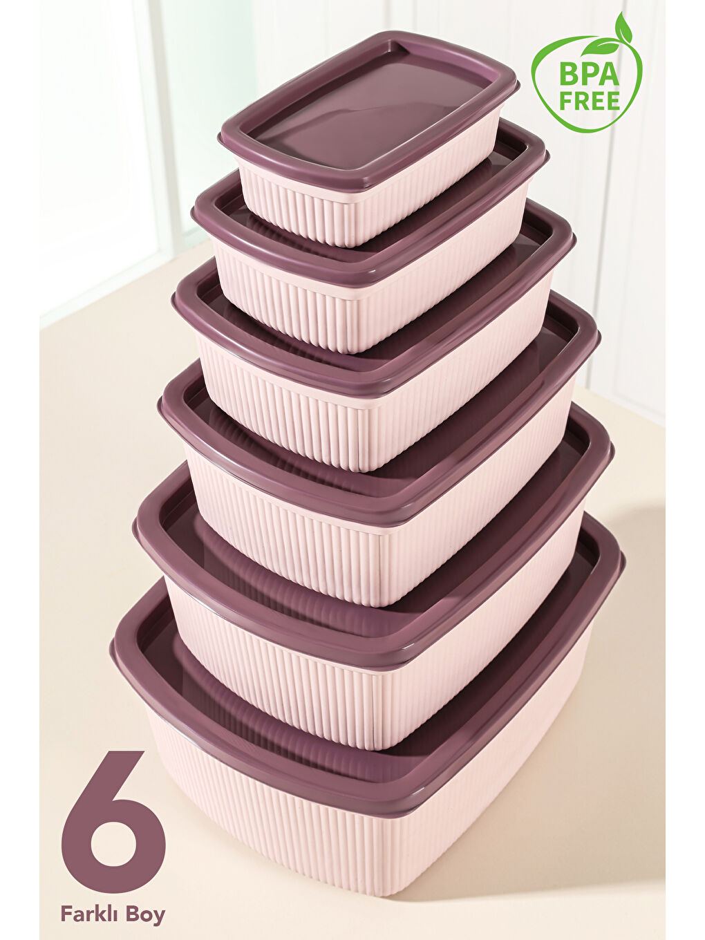 Pembe 20'li Çizgili Dikdörtgen Gıda Saklama Kabı Seti-2