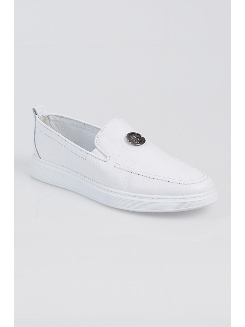 Erkek Beyaz Önü Toka Detaylı Rahat Kalıp Hakiki Deri Loafer-4