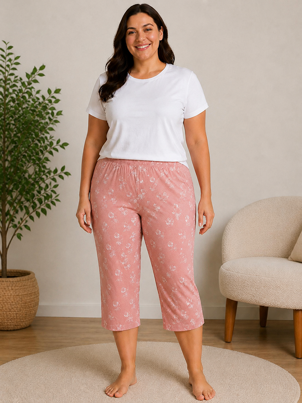 Pembe Kadın Battal Kaliteli Bambu Milan Kumaş Desenli Yumuşak Esnek Büyük Beden Pijama Kapri