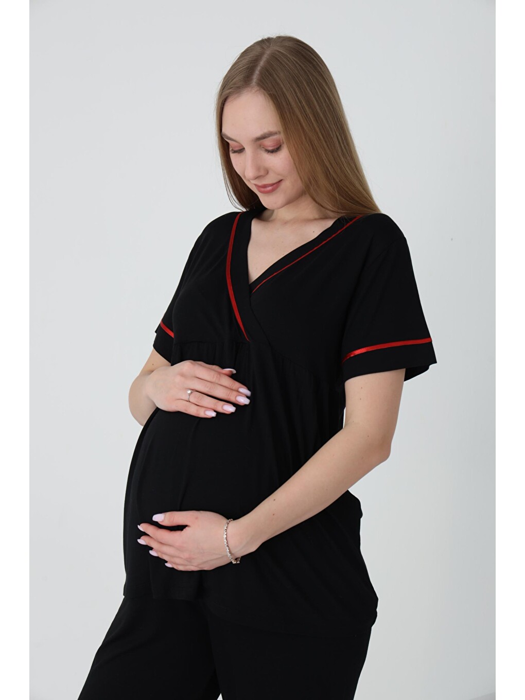 Siyah Kırmızı Şeritli Sabahlıklı Şerit Detaylı Hamile Ve Lohusa Pijama Takımı-6