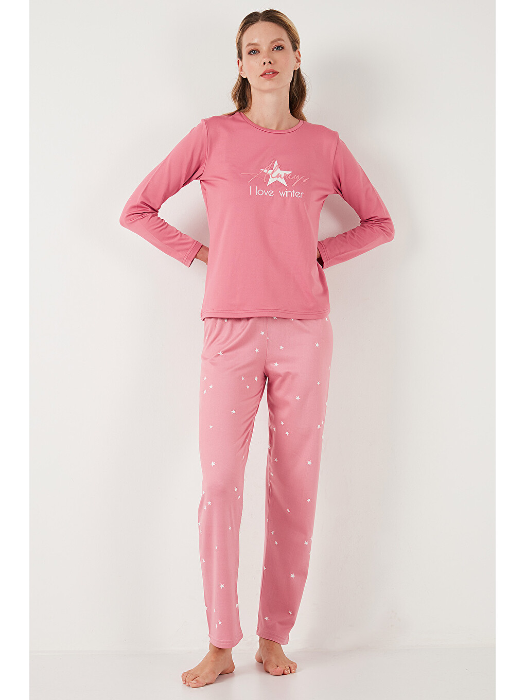 Pembe Regular Fit Desenli Bisiklet Yaka Kadın Pijama Takımı 65719102-1