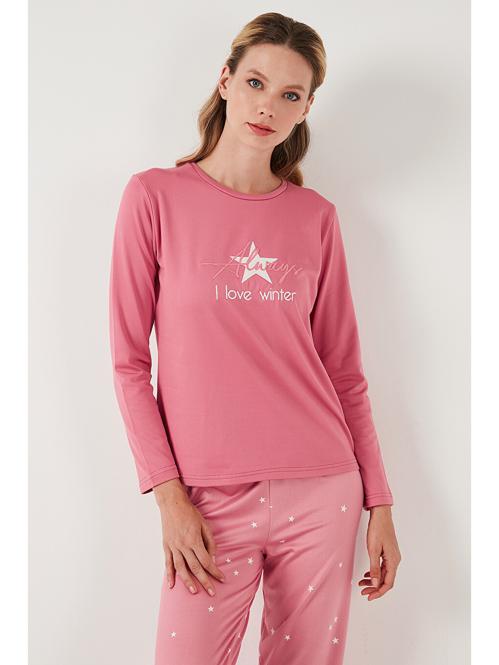 Pembe Regular Fit Desenli Bisiklet Yaka Kadın Pijama Takımı 65719102-2