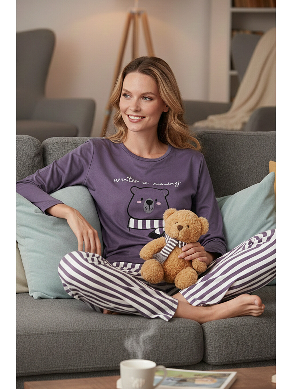 Lila Regular Fit Desenli Bisiklet Yaka Kadın Pijama Takımı 65719102