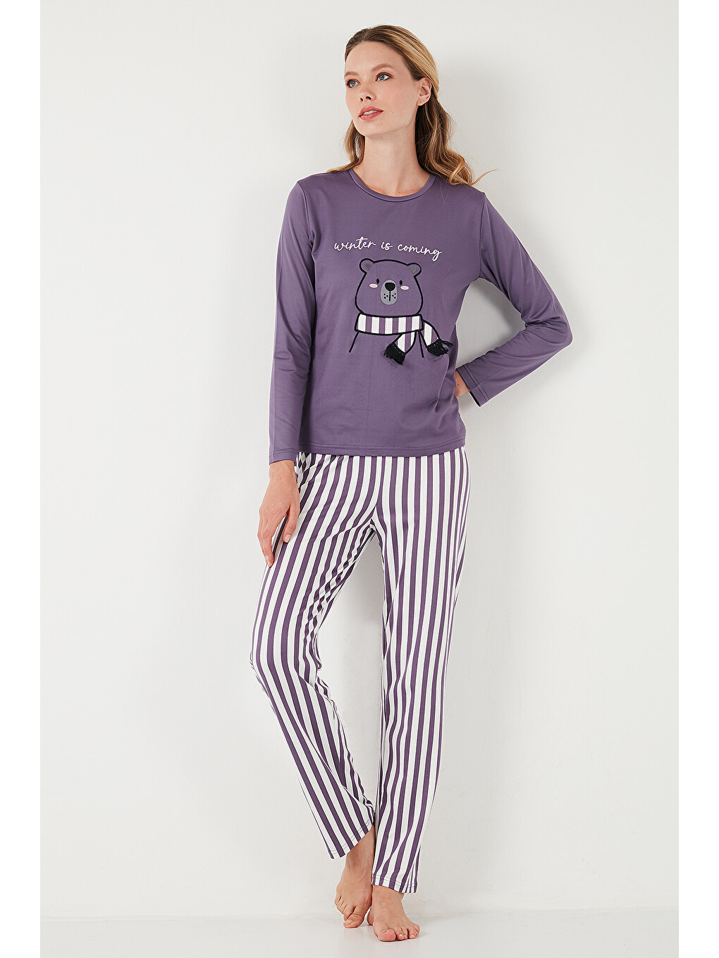Lila Regular Fit Desenli Bisiklet Yaka Kadın Pijama Takımı 65719102-1
